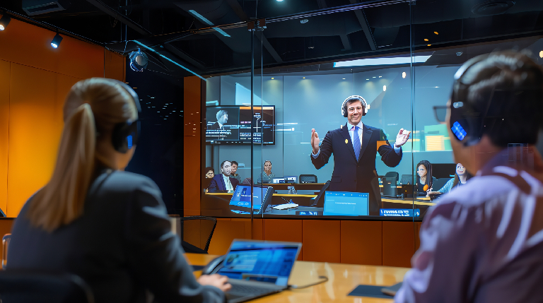 Hybrid virtual conference in Gurgaon stage with synchronized virtual audience display