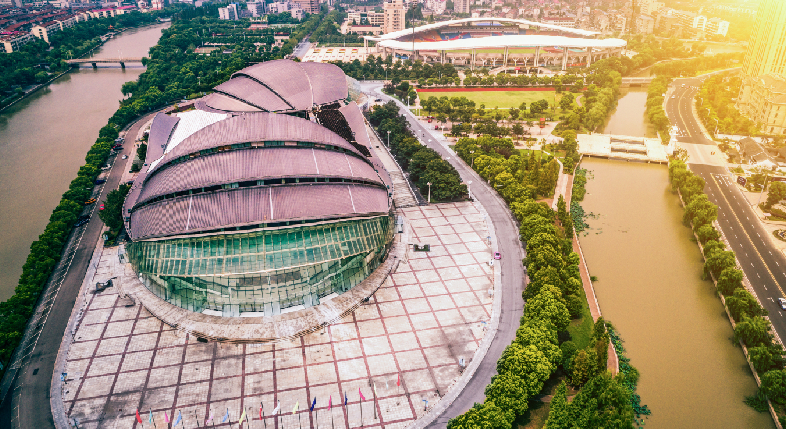 An aerial view of the futuristic Yashobhoomi convention center in Delhi NCR.