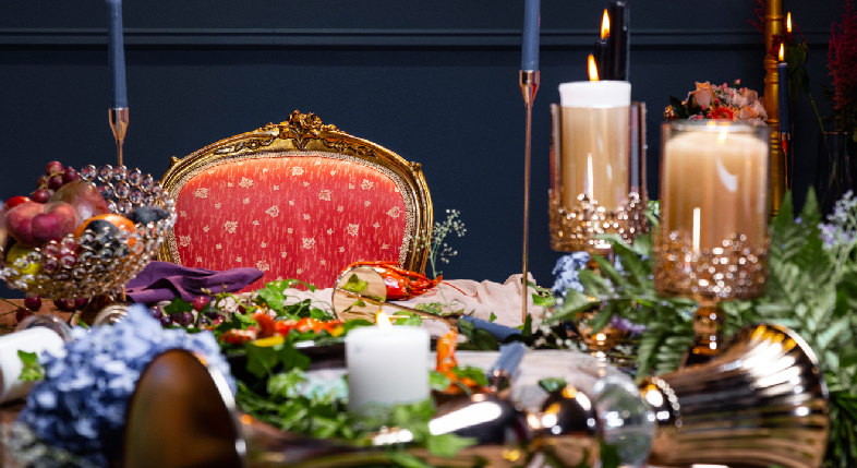 A premium, low-count luxury product launch dinner table setup featuring bespoke floral design and personalized menus in Delhi NCR