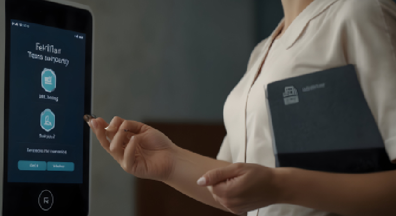A premium corporate summit entry portal featuring integrated automated biometric access control gates and RFID badge scanners.