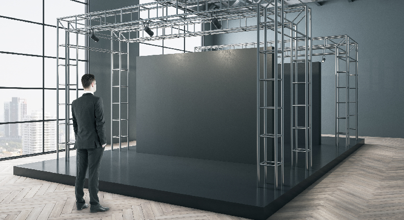 Custom modular exhibition booth design featuring sleek aluminum frames and premium fabric styling